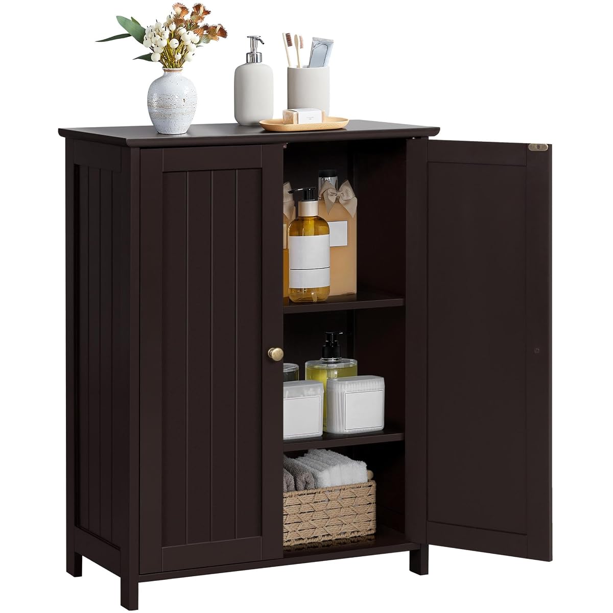 Yaheetech Bathroom Floor Cabinet, Modern Storage Freestanding Organizer Cabinet with Adjustable Shelves & Double Doors, 3-Tier Home Living Room Furniture, Espresso