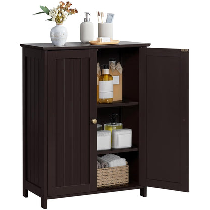 Yaheetech Bathroom Floor Cabinet, Modern Storage Freestanding Organizer Cabinet with Adjustable Shelves & Double Doors, 3-Tier Home Living Room Furniture, Espresso