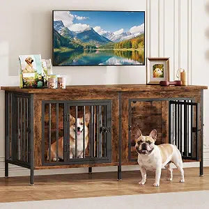 54" Dog Crate Furniture for 2 Dogs with Divider, Rustic Brown, view 2