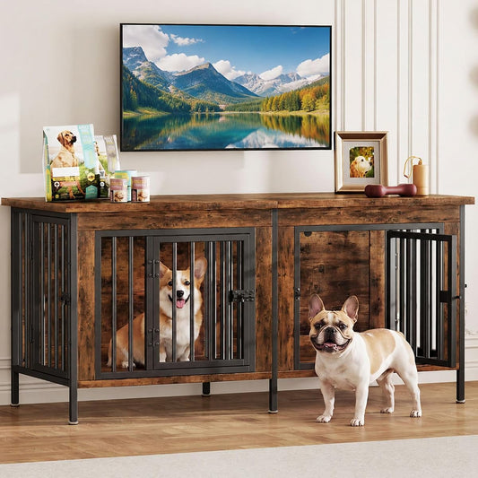54" Dog Crate Furniture for 2 Dogs with Divider, Rustic Brown