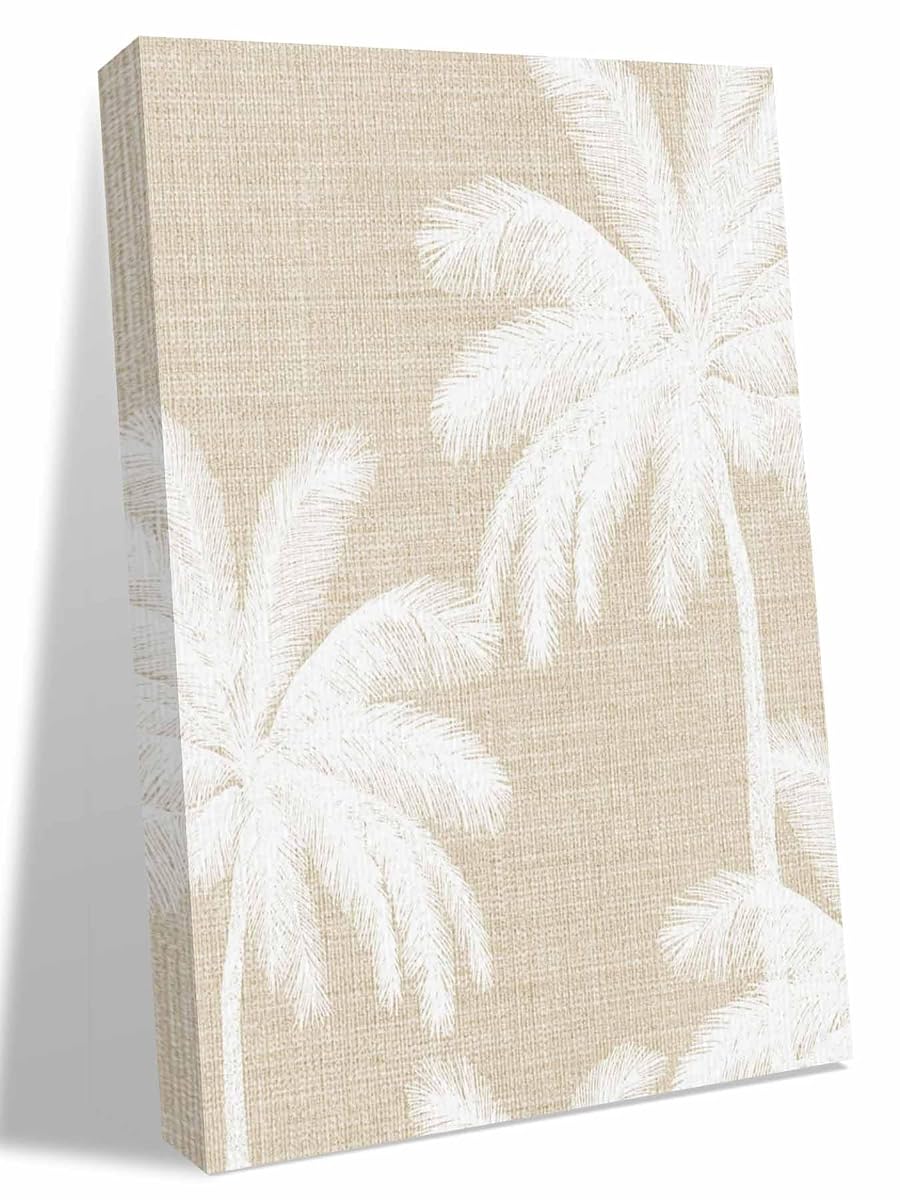 NuYeBiofx Farm Palm Trees Silhouette Beige Linen Canvas Wall Art Prints,48"x32" Framed Picture Artwork Tropical Summer Plant Printed Canvas Oil Painting for Living Room Bedroom Office,Ready to Hang