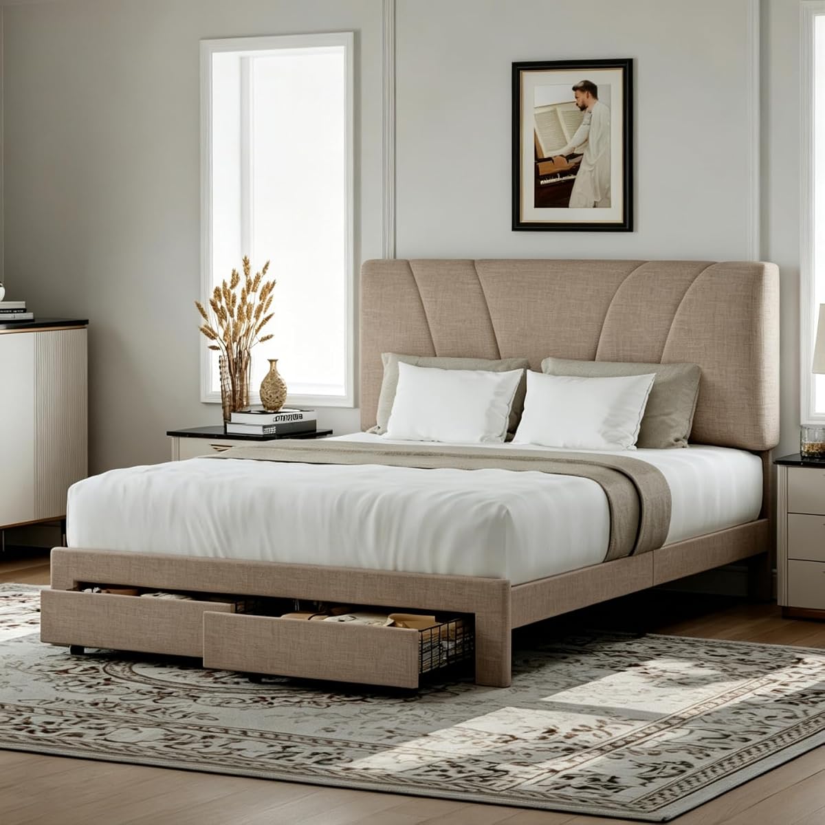 Queen Bed Frame with 2 Storage Drawers and Headboard, Linen Beige