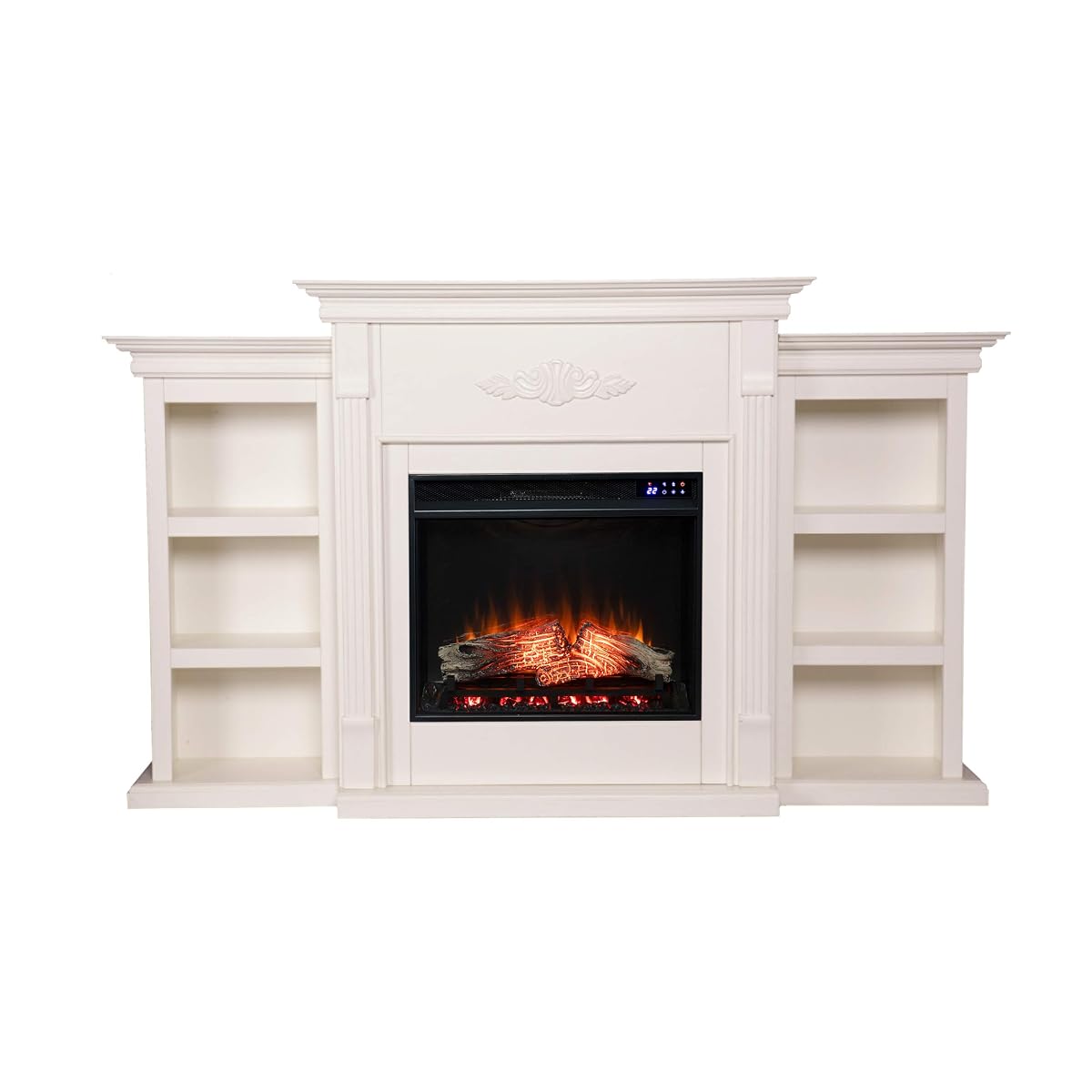 Tennyson Touch Screen Electric Fireplace with Book Shelves - Ivory - Transitional Design, Ivory Glass and Wood - Ideal for Living Room, Bedroom (FR8544)