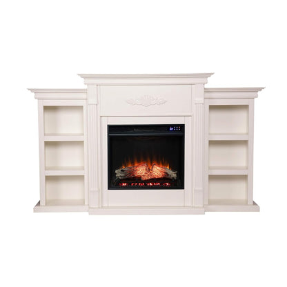 Tennyson Touch Screen Electric Fireplace with Book Shelves - Ivory - Transitional Design, Ivory Glass and Wood - Ideal for Living Room, Bedroom (FR8544)