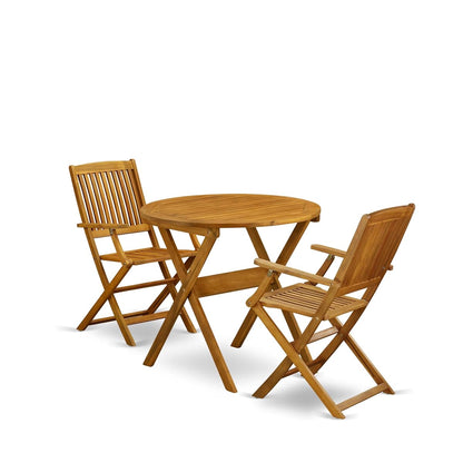 MNCM3CANA 3 Piece Folding Patio Bistro Sets Outdoor Set Contains a Round Acacia Wood Coffee Table and 2 Folding Arm Chairs, 30x30 Inch, Natural Oil