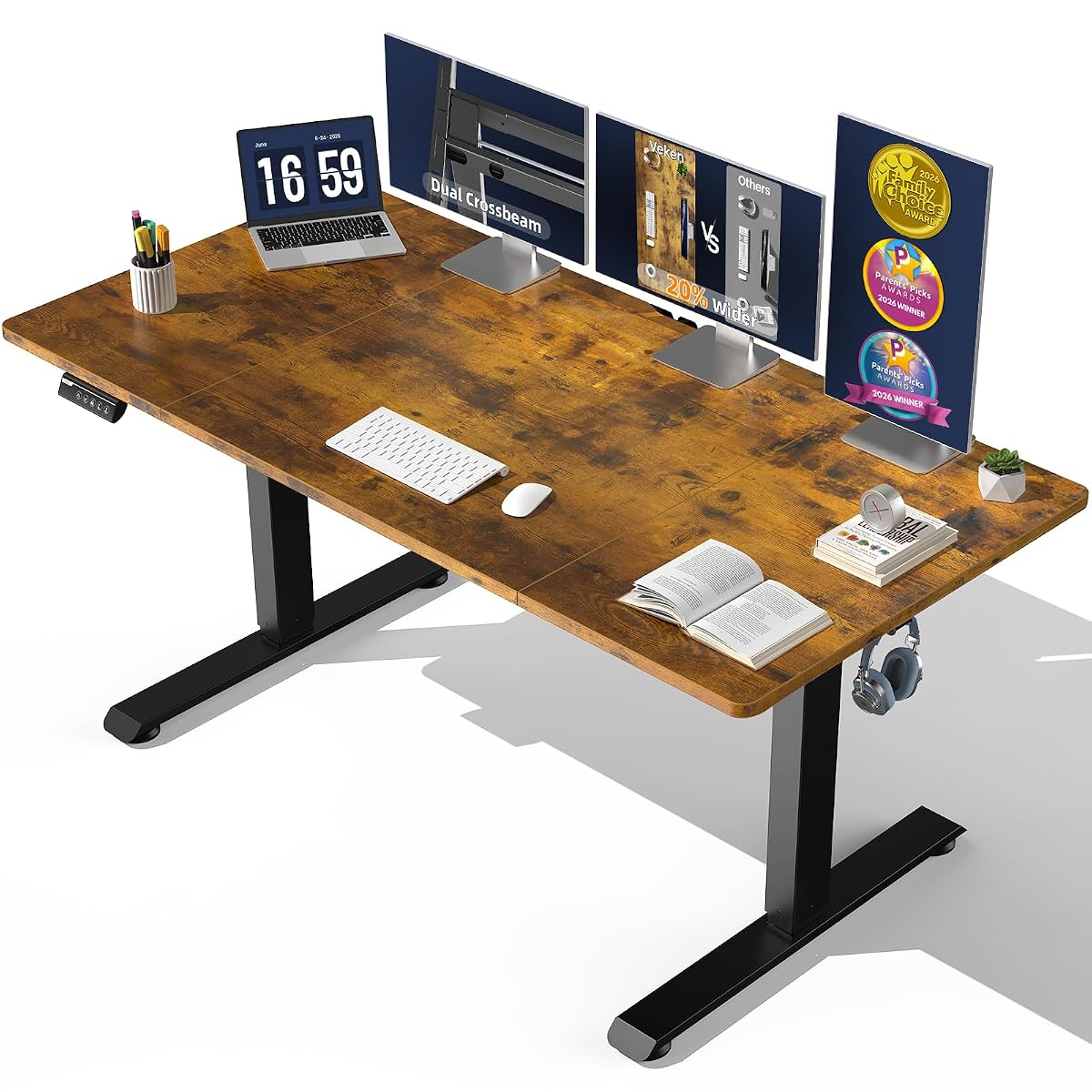 63"x28" Wider Large Standing Desk, Electric Height Adjustable, Brown
