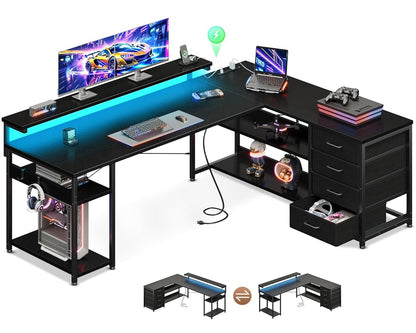 61" L Shaped Desk with Drawer, Computer Desk with Power Outlets & LED Lights, Reversible Corner Gaming Desk for Home Office Workstation, Office Desk with Monitor Shelf, Pure Black
