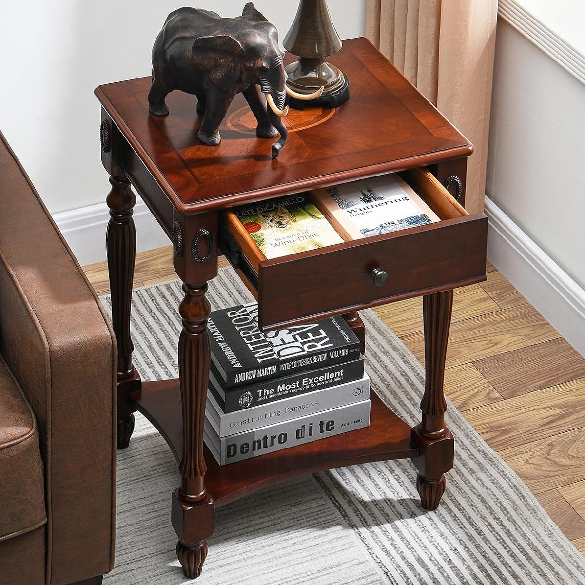 Solid Wood Side Table with Drawer, Victorian Style Vintage Nightstand, Antique Cherry Wood End Tables Living Room Bedroom, 19.7x15.7x27.6 inch, No-Tools Assembly, Cherry Walnut GBJ-1533-WD