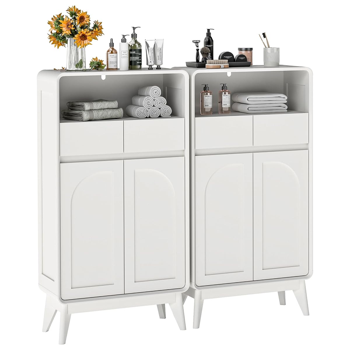 Set of 2 Bathroom Storage Cabinet, Tall Kitchen Storage Cabinet with Drawers and Shelves, Corner Coffee Bar Table Freestanding Sideboard for Living Room, Entryway, White