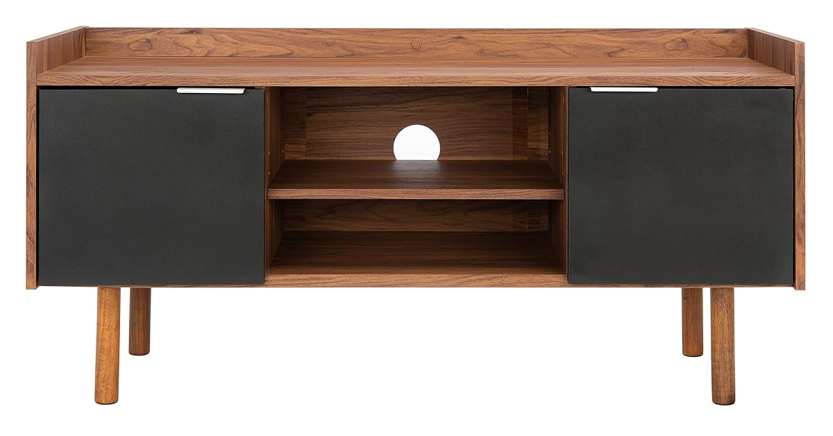 SAFAVIEH Diara TV Stand for up to 55" Flatscreen – Walnut & Black, 2 Doors with Interior Storage, 2 Open Shelves, Entertainment Media Console (MED9603B)