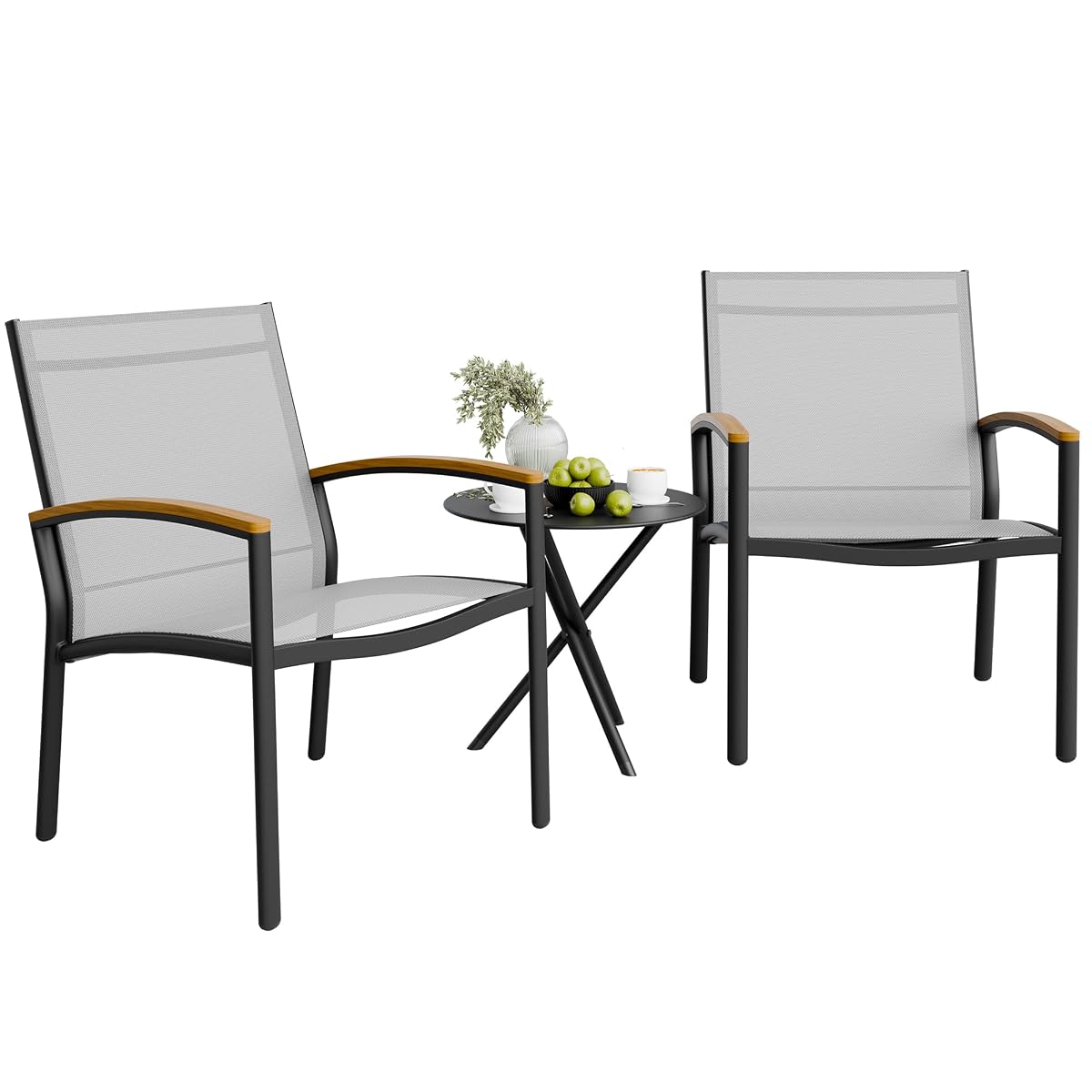 3 Pieces Patio Bistro Sets, Outdoor Textilene Fabric Conversation Bistro Set, Textilene Fabric Front Porch Chairs Small Patio Furniture Set with Table for Lawn,Garden,Balcony (Grey)