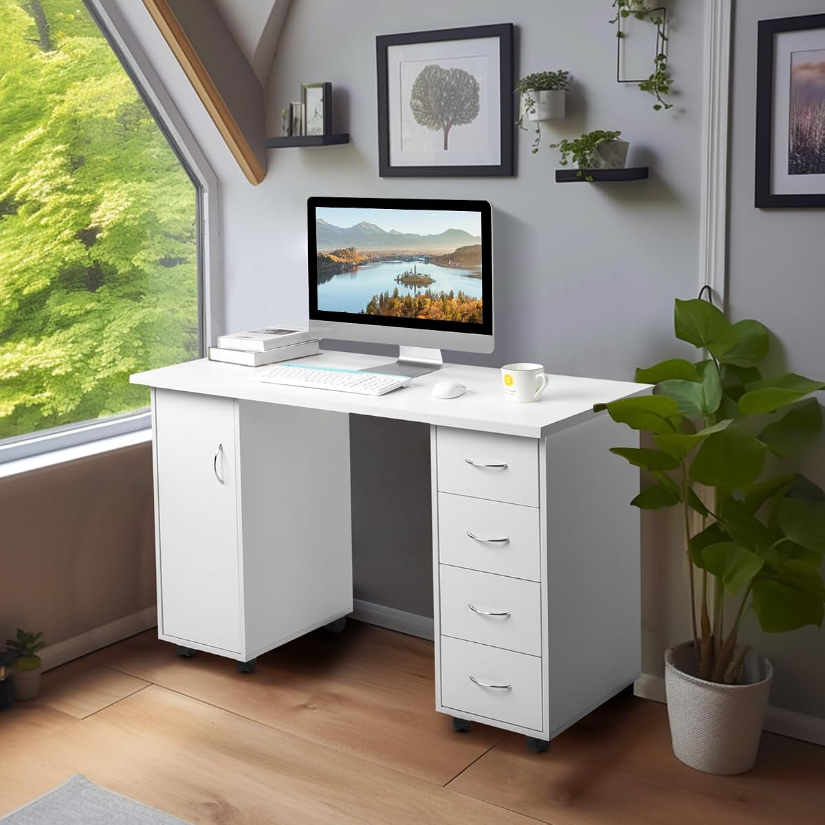 Home Office Computer Desk,Rolling Wooden Executive Desk,White