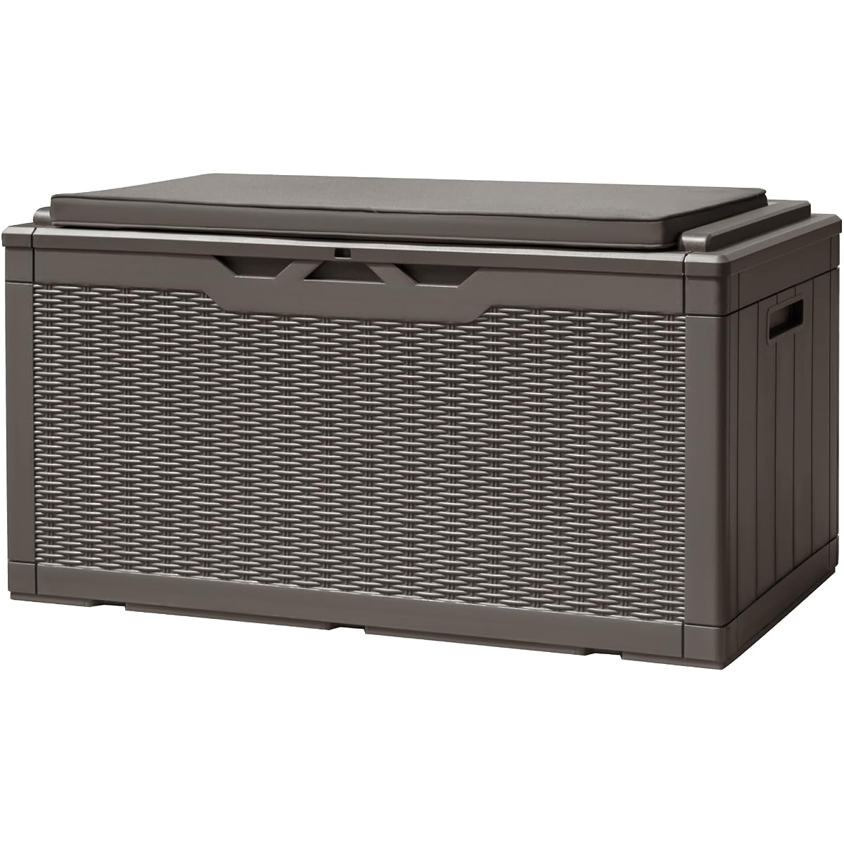 100 Gallon Deck Box, Waterproof Resin Outdoor Storage Box with Cushion for Outside and Patio, Large Outdoor Storage Bench Cabinet Lockable for Patio Furniture and Garden Tools (Deep Brown)