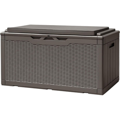 100 Gallon Deck Box, Waterproof Resin Outdoor Storage Box with Cushion for Outside and Patio, Large Outdoor Storage Bench Cabinet Lockable for Patio Furniture and Garden Tools (Deep Brown)