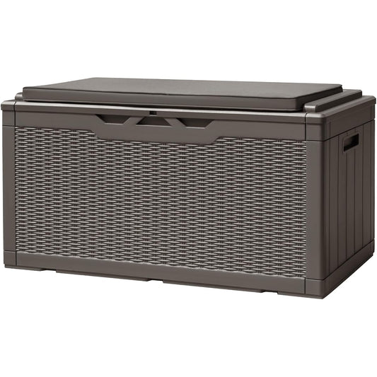 100 Gallon Deck Box, Waterproof Resin Outdoor Storage Box with Cushion for Outside and Patio, Large Outdoor Storage Bench Cabinet Lockable for Patio Furniture and Garden Tools (Deep Brown)