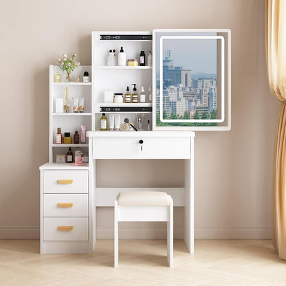 MONGMON Vanity Desk with Mirror and Lights, 3 Lighting Modes