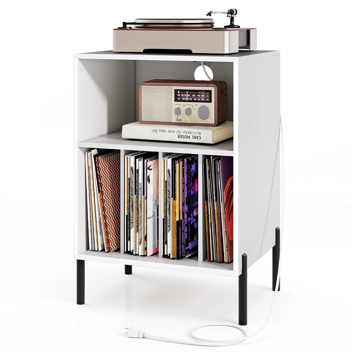 Record Player Stand with Charging Station, Turntable Stand with Storage Cabinet