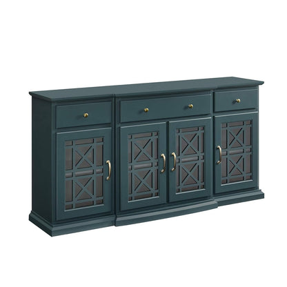 Modern Wood Glass Door Buffet Sideboard Living Room Entryway Serving Storage Cabinet Doors Dining Room Console, 60 Inch, Dark Teal