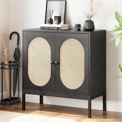 GAOMON Sideboard Buffet Cabinet, Rattan Storage Cabinet, Wood Accent Cabinet with Door and Shelf, Console Cabinet with Storage, Sideboard Cabinet for Hallway, Entryway, Living Room, Black