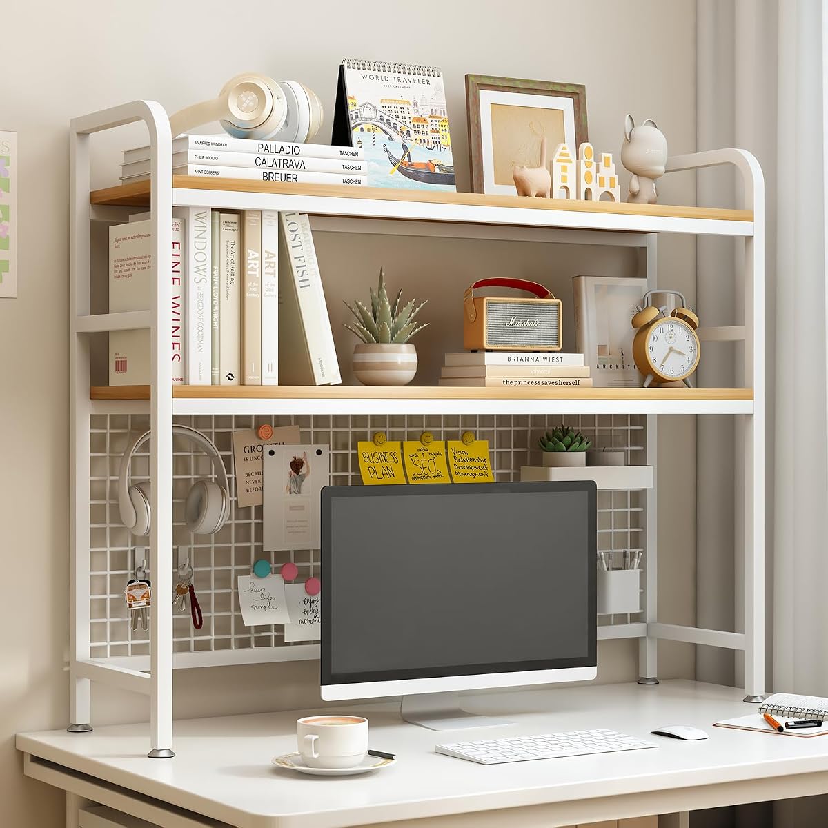 IOTXY 2-Tier Desktop Hutch Bookshelf, Metal Desk Shelf, White, 45.3" W
