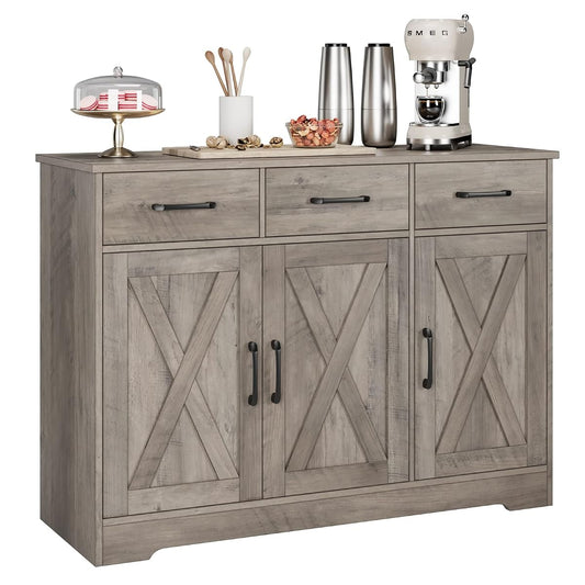 Modern Farmhouse Buffet Sideboard Cabinet, Barn Doors Storage Cabinet with Drawers and Shelves, Wood Coffee Bar with Storage for Dining Room, Kitchen, Living Room, Ash Grey