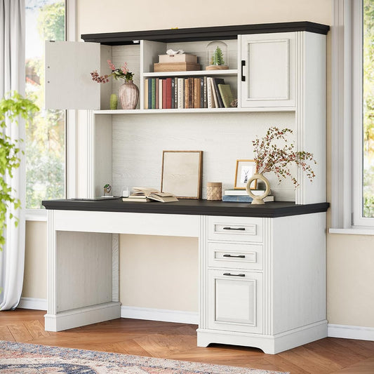 47.2" Farmhouse Computer Desk with Hutch and 3 Drawers, White