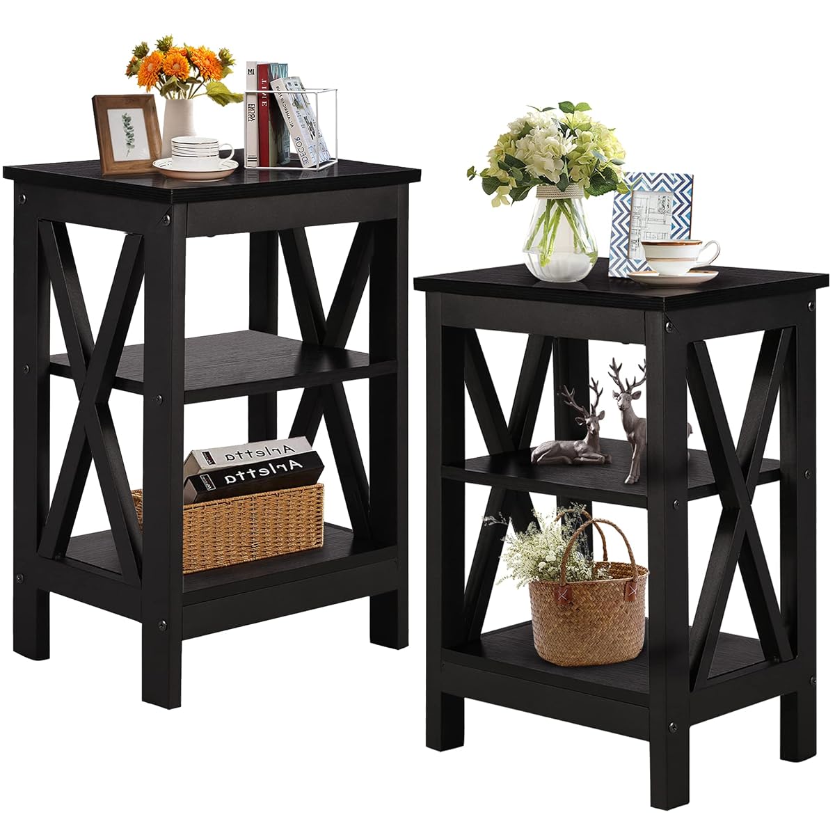 End Side Table Night Stand Set Of 2,X-Design with Storage Shelf for Bedroom,Living Room,Black