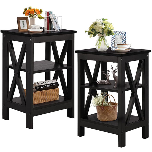 End Side Table Night Stand Set Of 2,X-Design with Storage Shelf for Bedroom,Living Room,Black