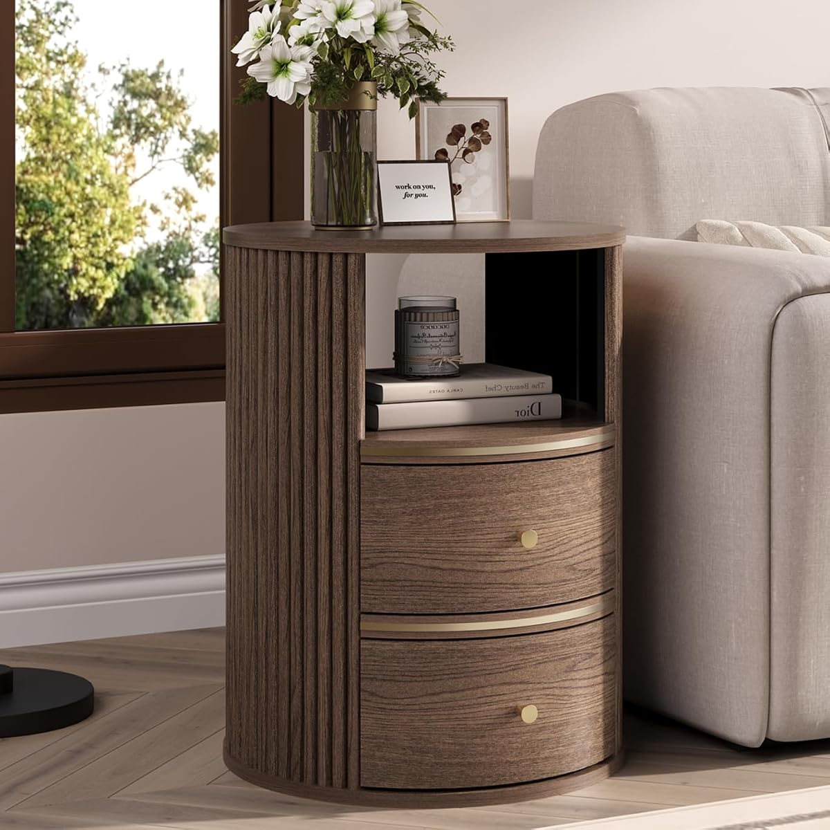 Walnut Round End Table with Storage, Open Shelf and 2 Drawers | 24" Tall Sofa Side Table, Mid Century Modern Nightstand for Living Room, Bedroom, Beside Sofa, Accent Piece, Easy Assembly