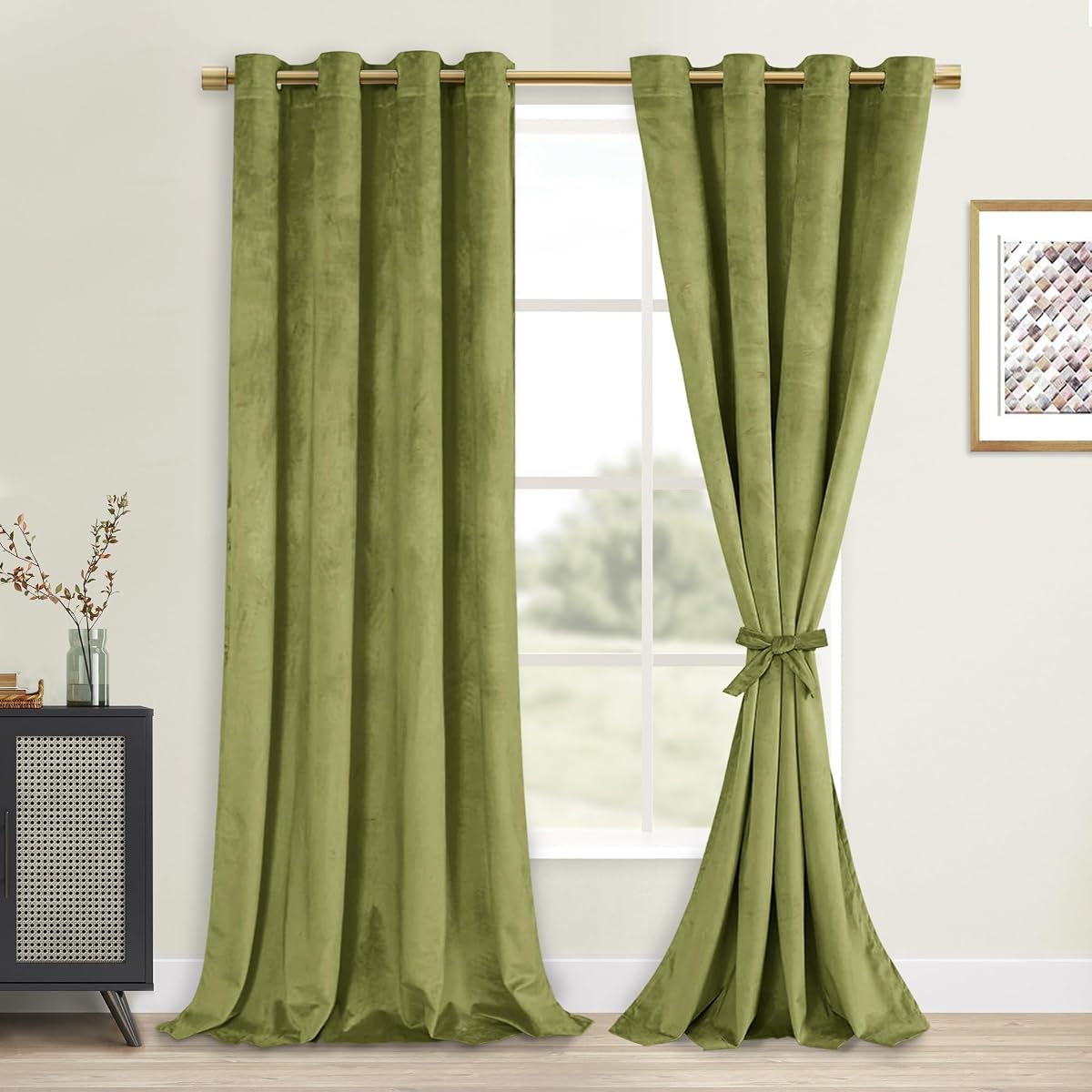 Moss Green Velvet Curtains 96 inches with Tiebacks - Elegant Sunlight Blocking Curtains for Living Room Thermal Insulated Noise Reducing Window Shade Panels for Living Room, W52 x L96, 2 Panels