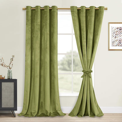 Moss Green Velvet Curtains 96 inches with Tiebacks - Elegant Sunlight Blocking Curtains for Living Room Thermal Insulated Noise Reducing Window Shade Panels for Living Room, W52 x L96, 2 Panels