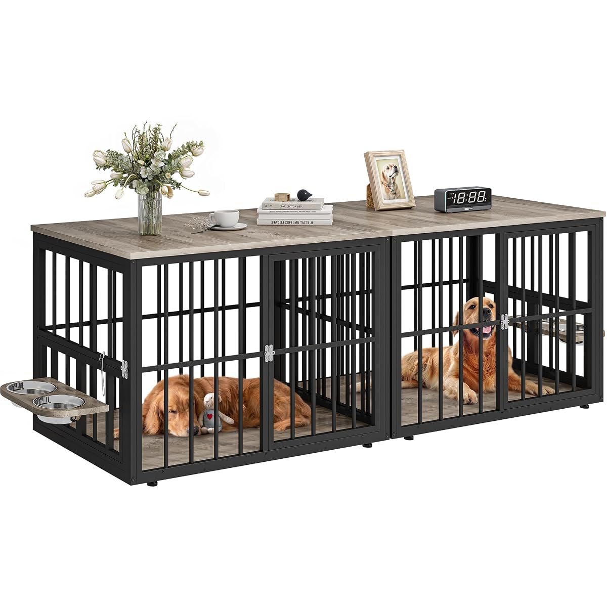 88.6" Double Dog Crate Furniture with Bowls & 3 Doors