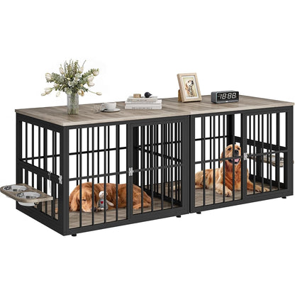 88.6" Double Dog Crate Furniture with Bowls & 3 Doors