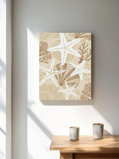 NuYeBiofx Abstract Starfish Khaki Shell Canvas Wall Art Prints,48"x32" Framed Picture Artwork Summer Nautical Coral Printed Canvas Oil Painting for Living Room Bedroom Office,Ready to Hang