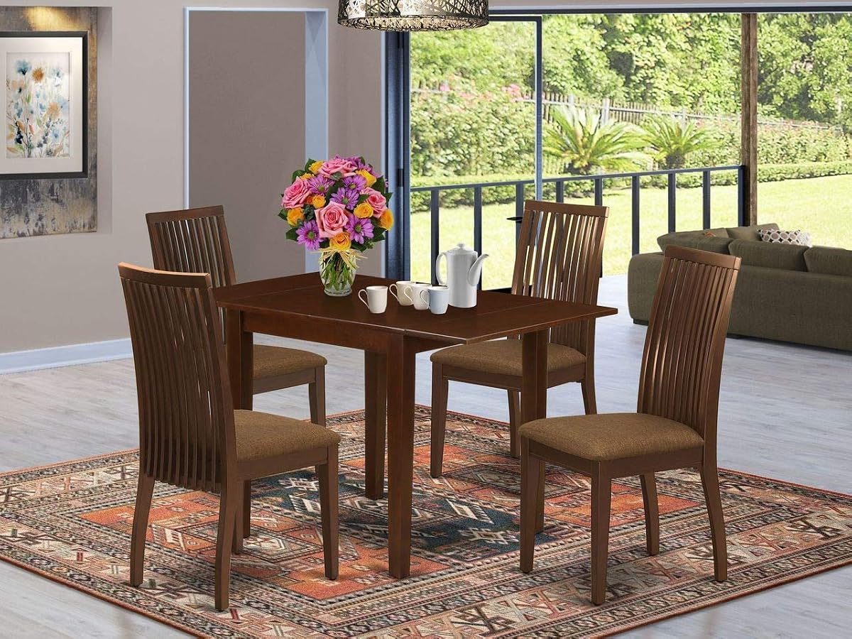 NDIP5-MAH-C 5 Piece Dining Table Set Includes a Rectangle Kitchen Table with Dropleaf and 4 Linen Fabric Upholstered Chairs, 30x48 Inch, Mahogany