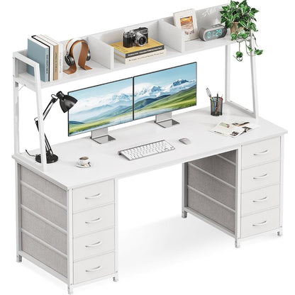 54 Inch Desk with Hutch and 8 Fabric Drawers, White