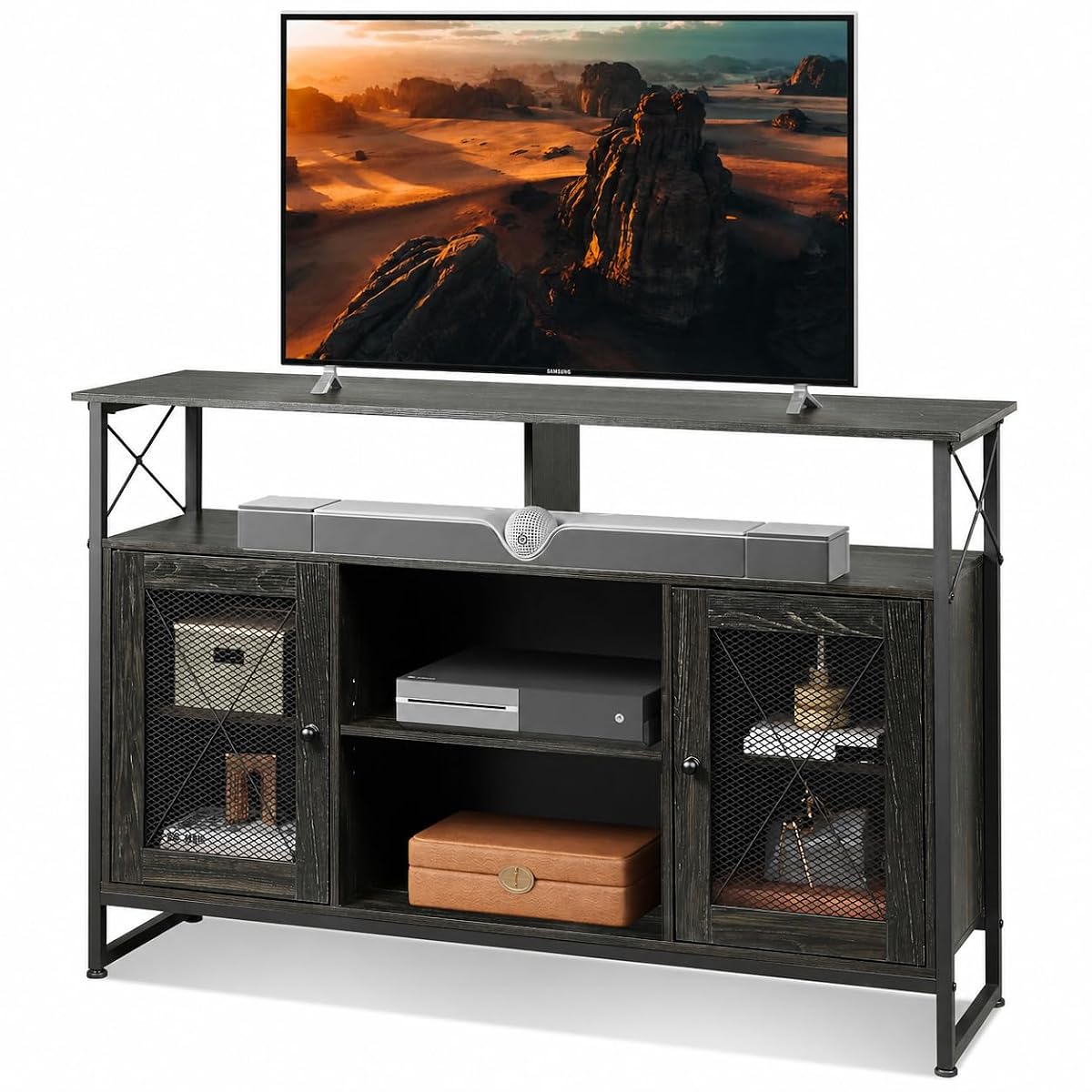 TV Stand 55 inch TV,Tall Entertainment Center with Storage, Farmhouse Industrial TV Console for Bedroom Living Room, Charcoal Black