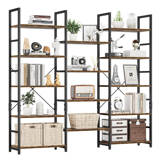 Triple Wide 5 Tier Bookshelf, Rustic Industrial Style Bookcases with 14 Open Display Shelves, Modern Tall Bookcase Furniture for Bedroom, Living Room and Home Office, Vintage