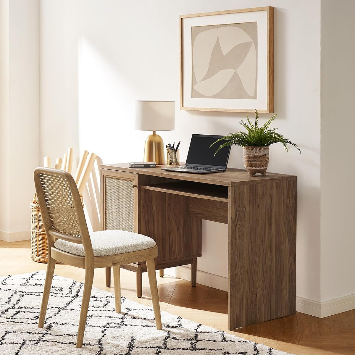 Haylee Boho Farmhouse Writing Desk, with Natural Rattan Exterior Door
