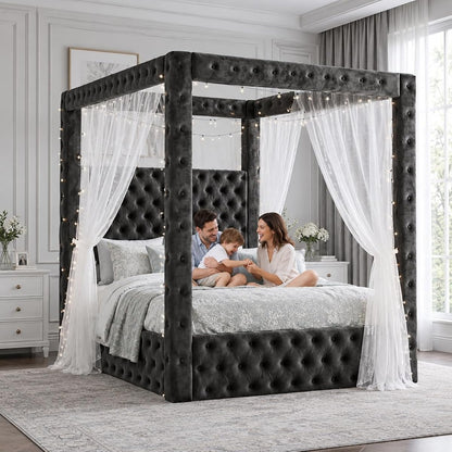 Queen Size Canopy Bed Frame, Velvet Upholstered Bed with Headboard, Black