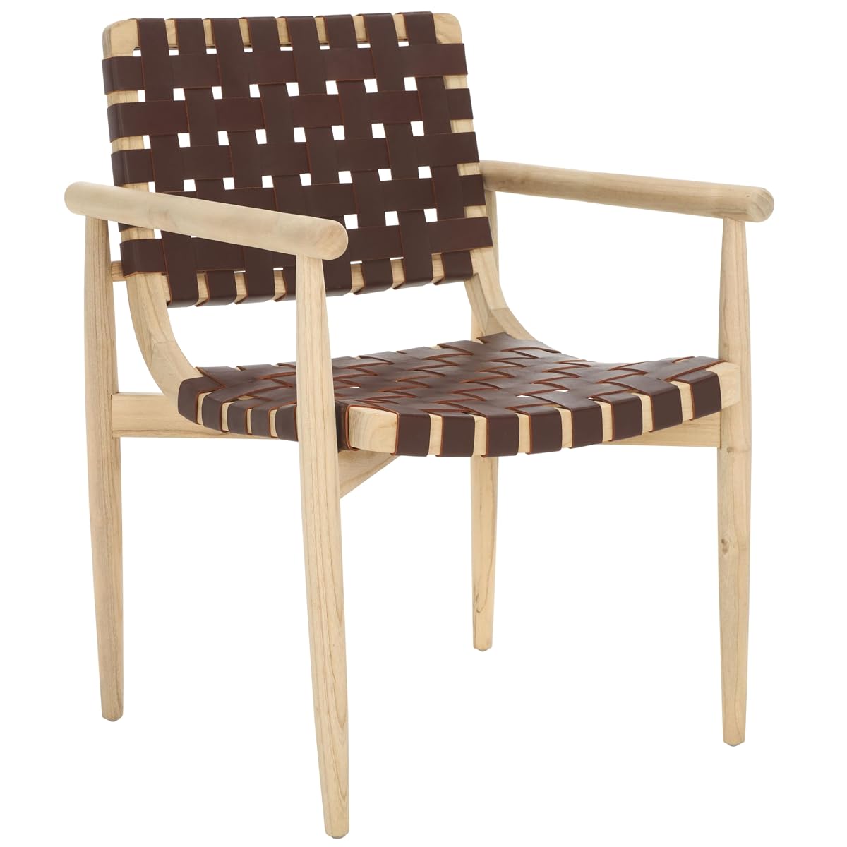 SAFAVIEH Home Collection Dionne Natural Sungkai Solid Wood/Cognac Brown Leather Woven Accent Chair (Fully Assembled)