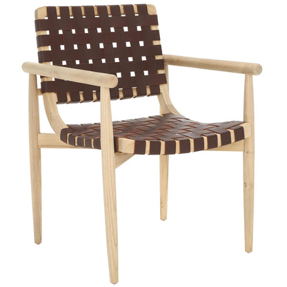 SAFAVIEH Home Collection Dionne Natural Sungkai Solid Wood/Cognac Brown Leather Woven Accent Chair (Fully Assembled)