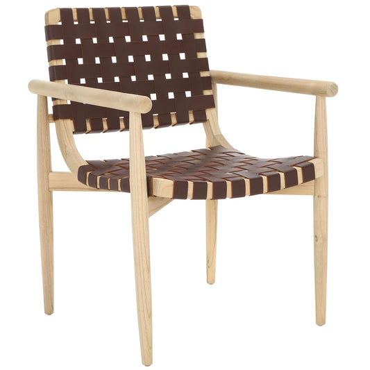 SAFAVIEH Home Collection Dionne Natural Sungkai Solid Wood/Cognac Brown Leather Woven Accent Chair (Fully Assembled)