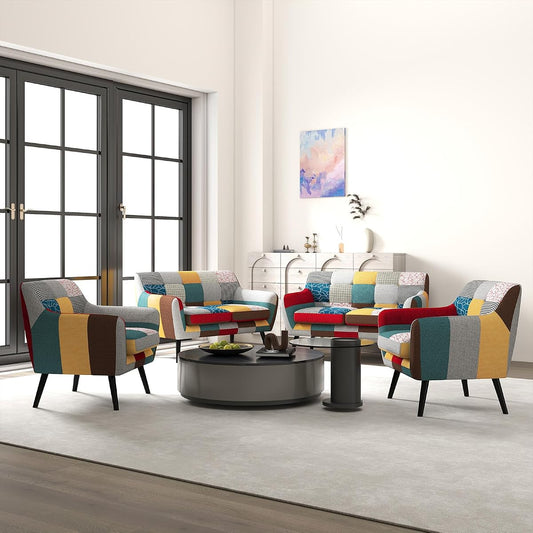 Modern Colorful 3 Piece Coroful Fabric Sofa Set, Included 2 Accent Chairs and Boho Loveseat, Linen Patchwork Plaid Couches with Rubberwood Legs and Removable Upholstered for Living Room
