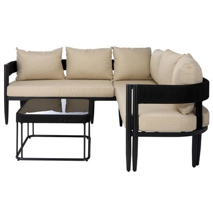 SAFAVIEH Outdoor Patio Furniture Collection - Viola Black & Taupe Corner Set with Table, Modern Steel & Rope Sectional Sofa (PAT7754A)