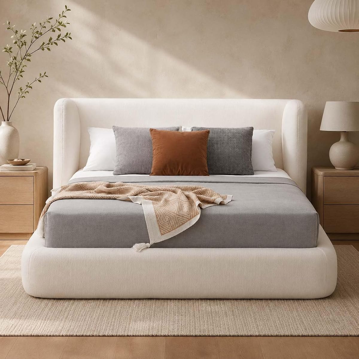 Queen Size Upholstered Bed Frame with Headboard, Cloud Boucle Bed Frame