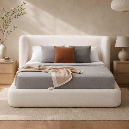 Queen Size Upholstered Bed Frame with Headboard, Cloud Boucle Bed Frame