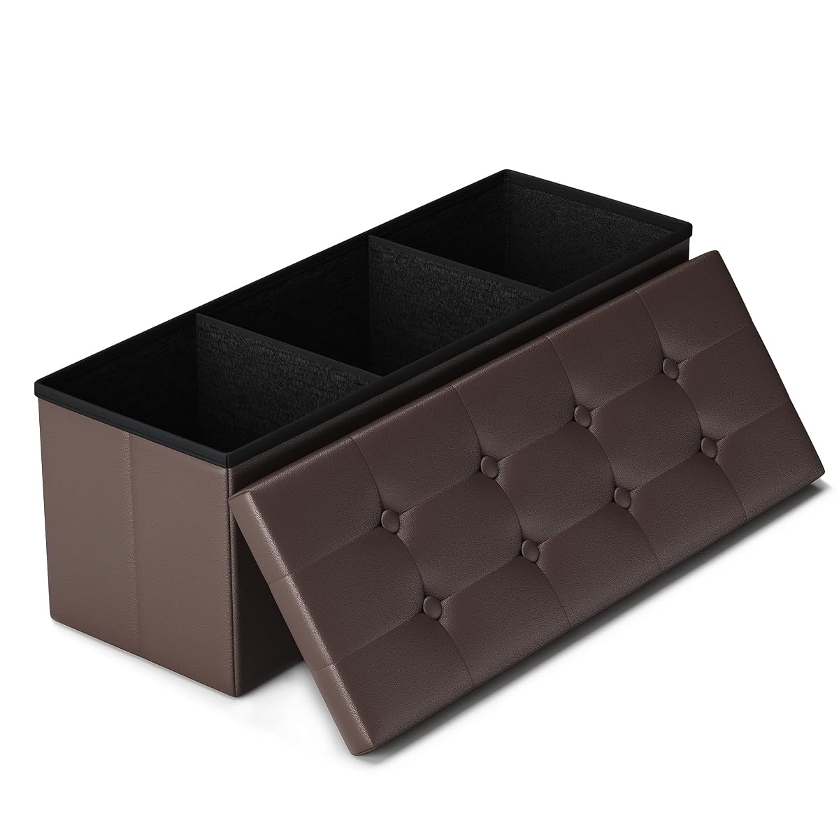 43" Storage Ottoman Bench, Folding Faux Leather Chest, Brown | Stroage Box with 2 Dividers, Foot Rest Stool, Padded Seat for Bedroom, Entryway, Living Room