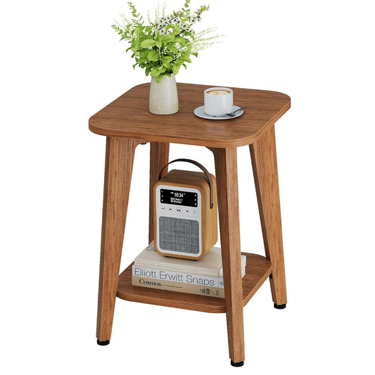 Rustic Walnut 2-tier side table with tapered legs and curved edge