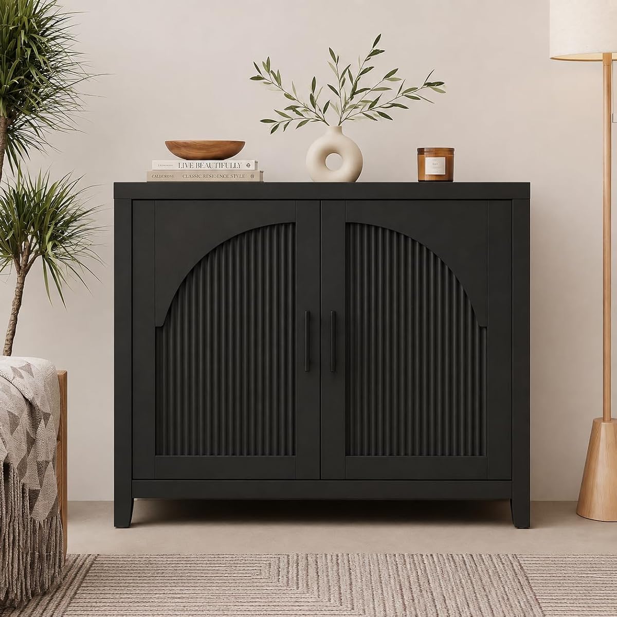 37" Modern Fluted Sideboard Buffet Cabinet with Storage, Black Oak